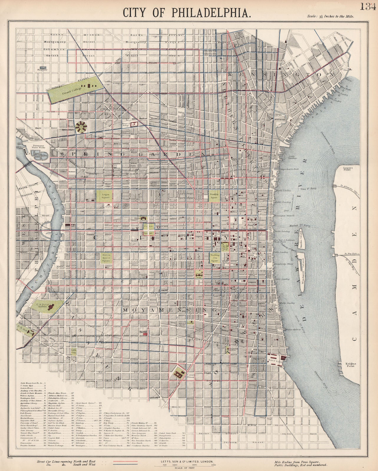 PHILADELPHIA antique town city map plan. Streetcar lines. LETTS 1889 old